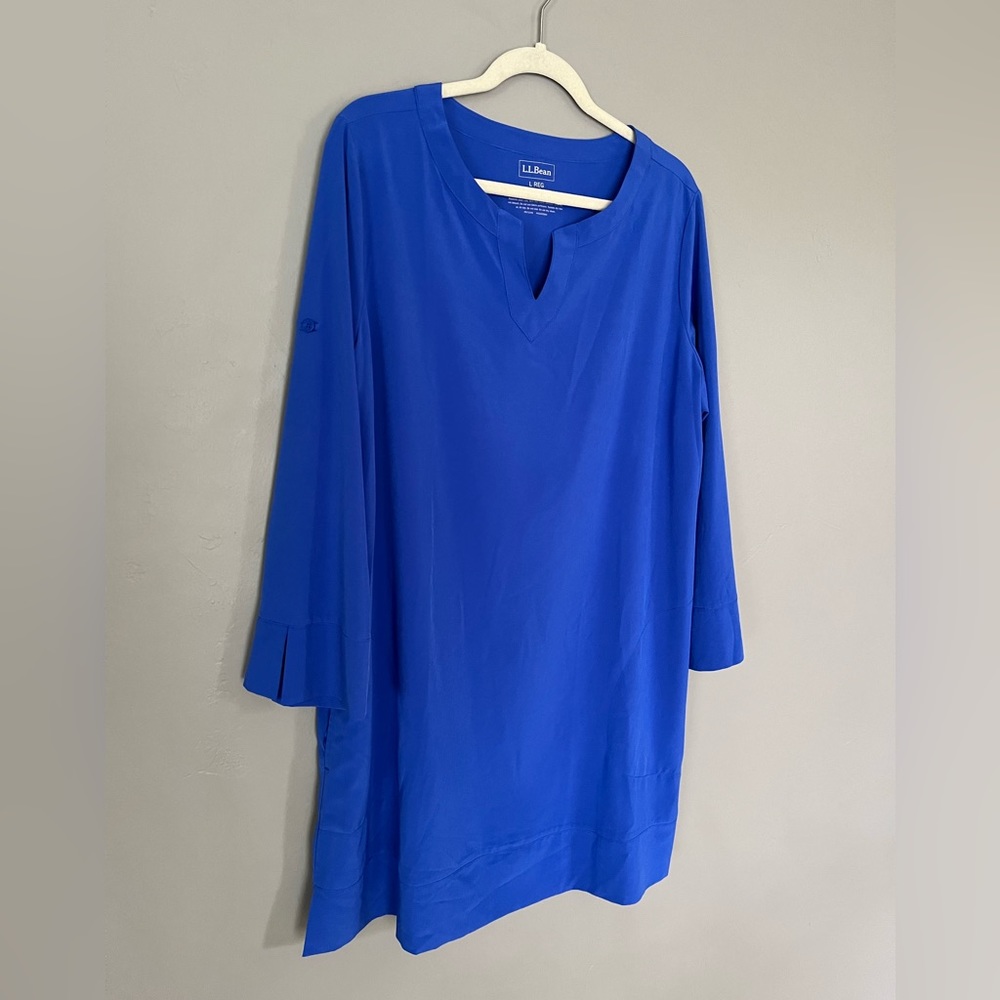 L.L.Bean UPF Stretch Swim Cover-Up Splitneck Tunic Womens L Blue
